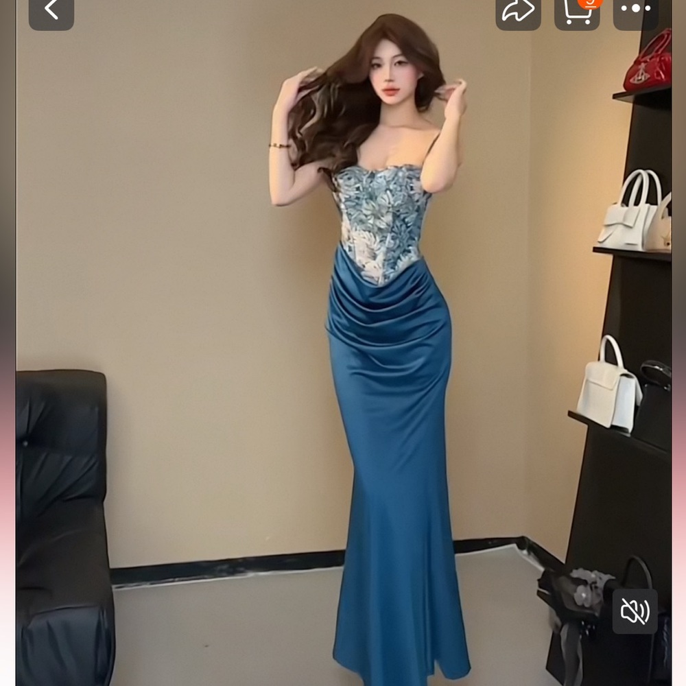 Blue Satin Drape Front Mermaid Skirt